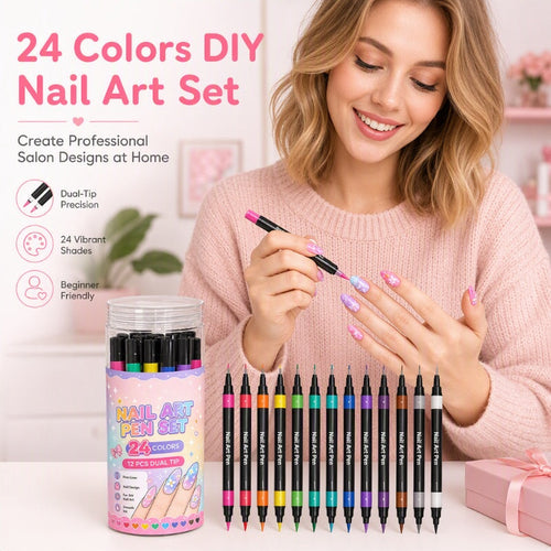🎨24-Color Dual-Ended Nail Art Pen Set 🌈— Fine Liner + Brush Tips💅