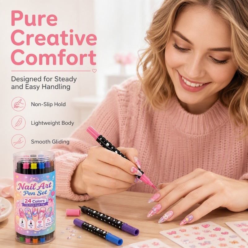 🎨24-Color Dual-Ended Nail Art Pen Set 🌈— Fine Liner + Brush Tips💅