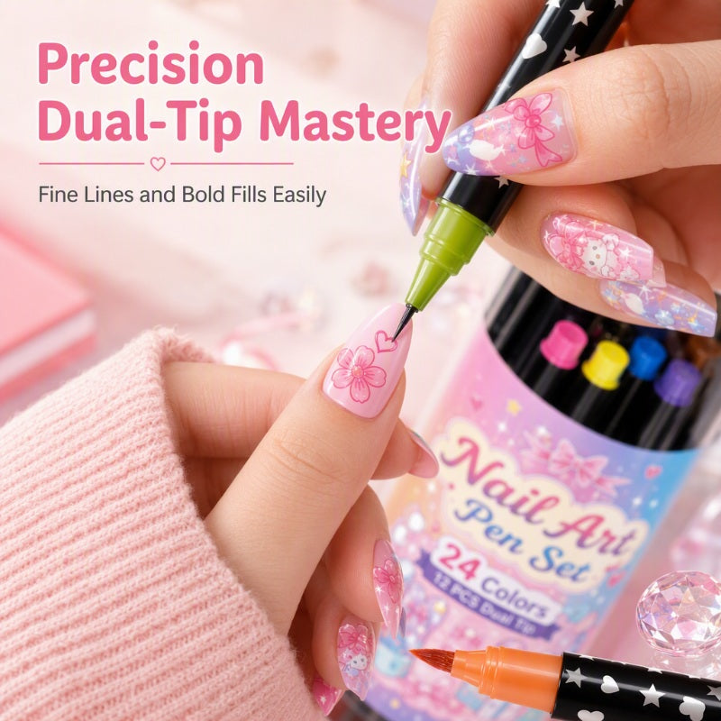 🎨24-Color Dual-Ended Nail Art Pen Set 🌈— Fine Liner + Brush Tips💅